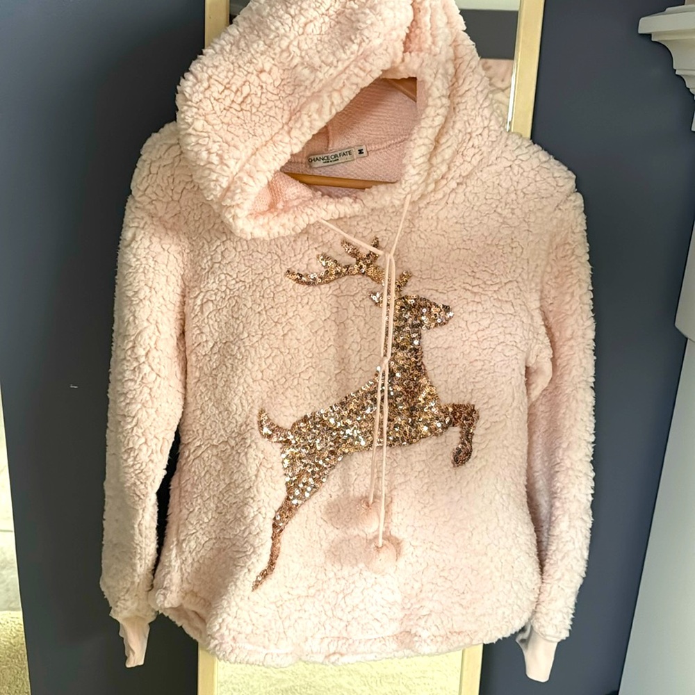 NWOT blush sherpa sequin reindeer